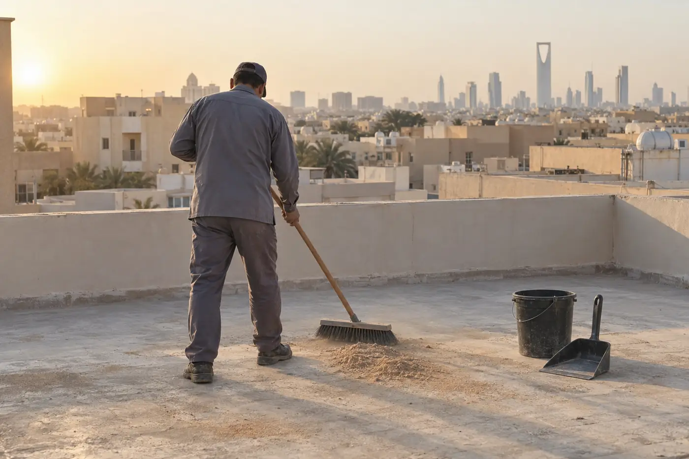 كنس غبار سطح الفيلا في الصباح الباكر